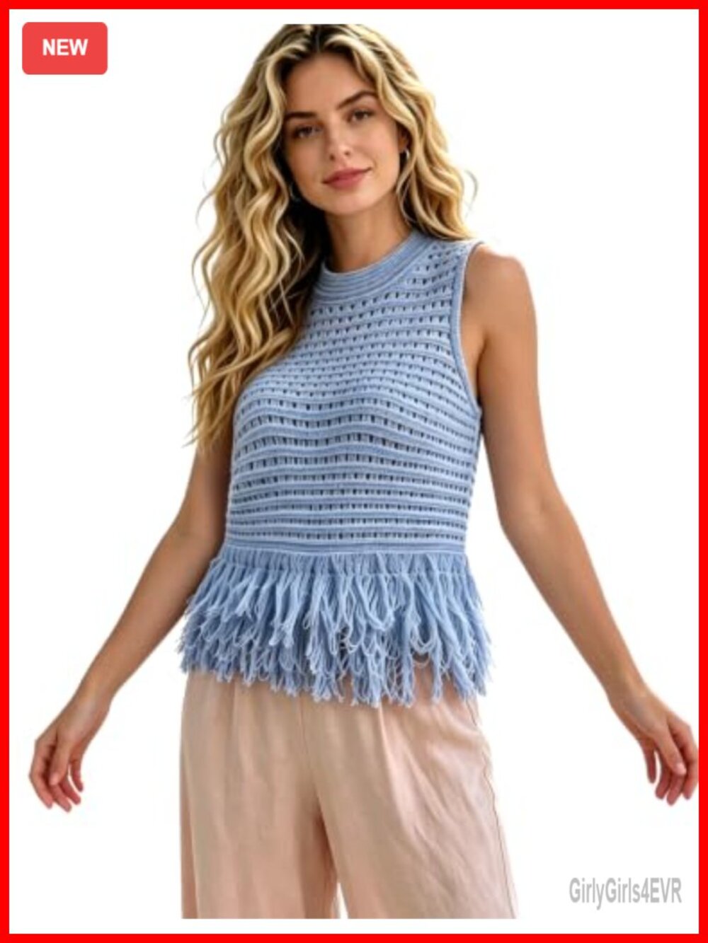 Crochet Fringe Sweater Vest Top Sleeveless Crew Neck Boho Crop Top
